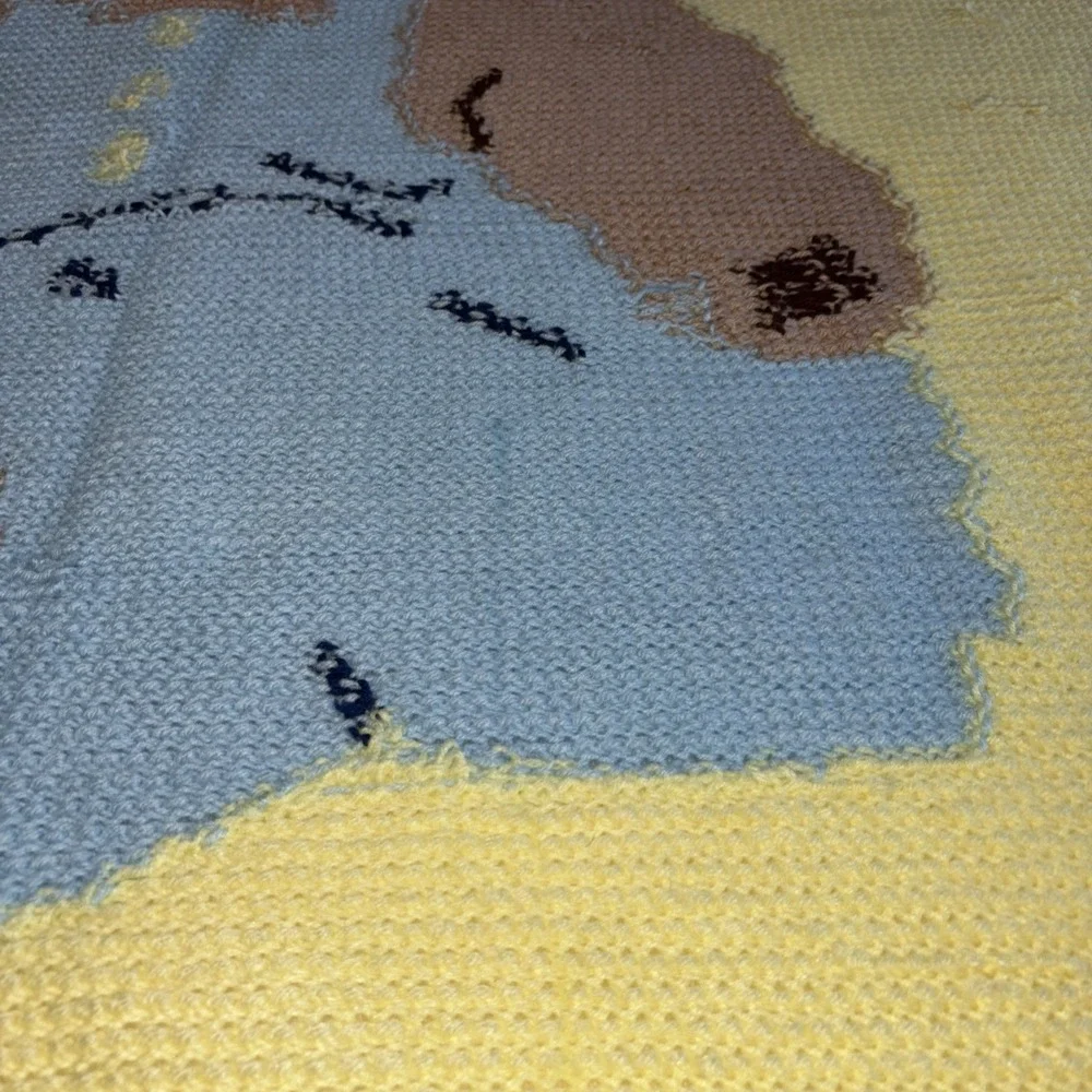 VTG Crochet/Knitted Teddy Bear In Overalls Baby‎ Blanket Throw Afghan 54